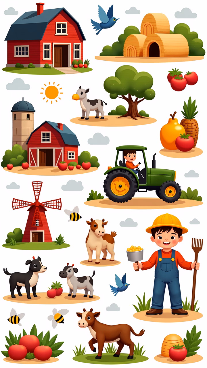 Brightly colored farm life illustration featuring a farmer and animals.