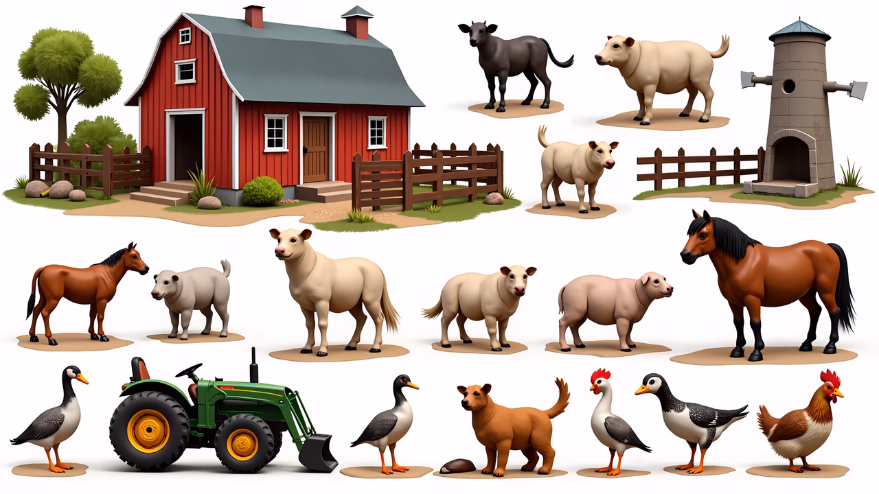 Brightly colored farm animals and a classic red barn in a cheerful children's illustration.