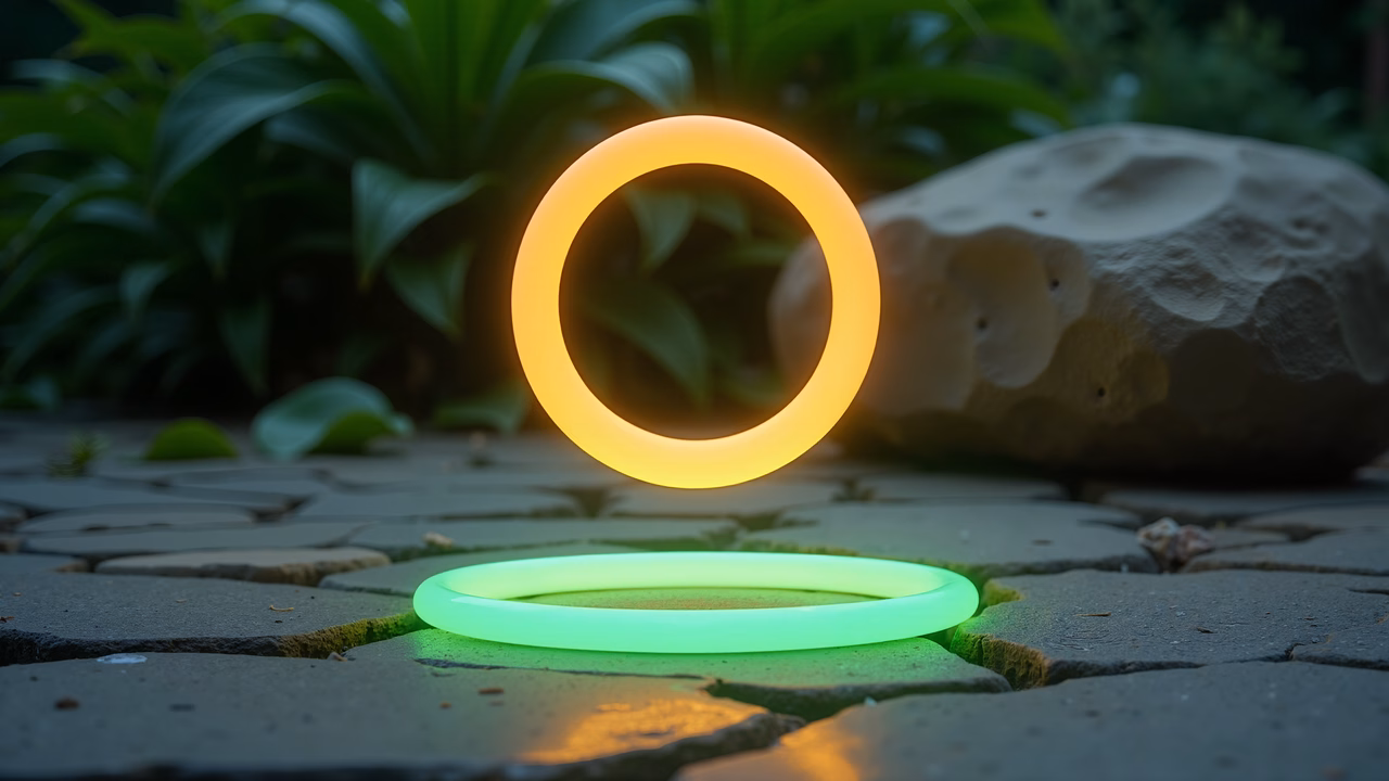 A glowing ring floating over a cracked stone surface, surrounded by greenery and a textured rock.