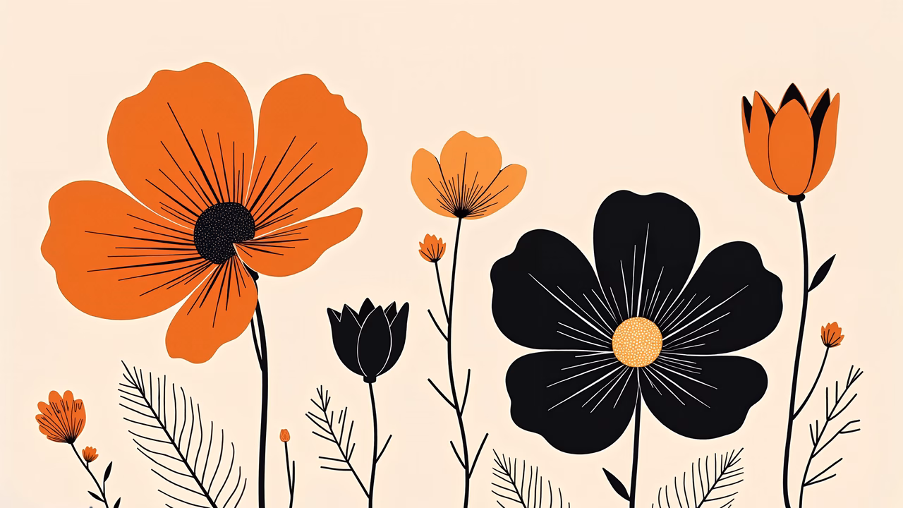 Bold floral illustration with orange and black tones on a neutral background.