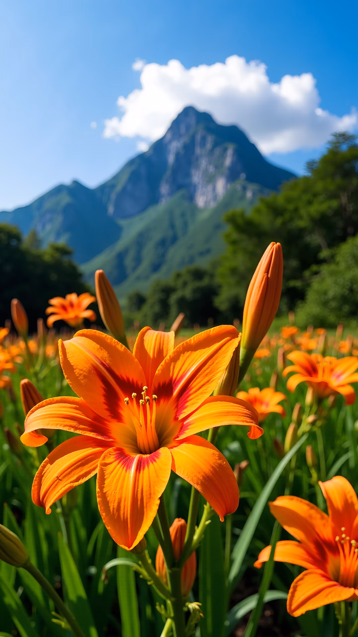 Bright orange lilies in a lush green landscape with mountainous background.