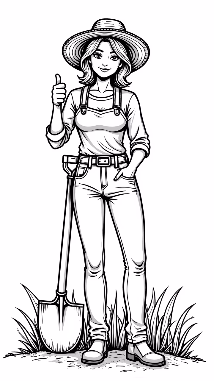 A joyful gardener ready for action, dressed in practical clothing and holding a shovel, thumbs up!