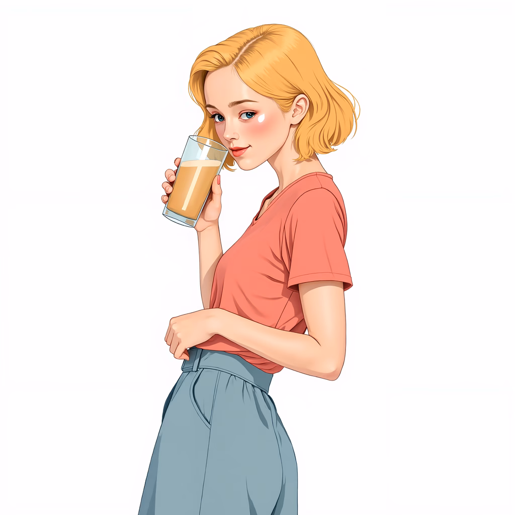Casual girl sipping coffee, warm tones, everyday happiness.