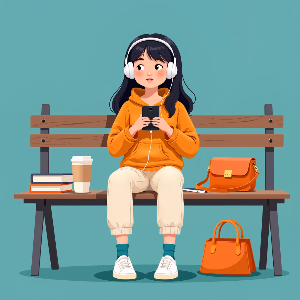 Girl listening to music on a bench, surrounded by books and coffee, in a calm and focused setting.