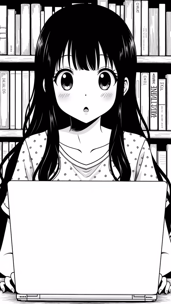 A curious girl in a library setting, focusing on her laptop.