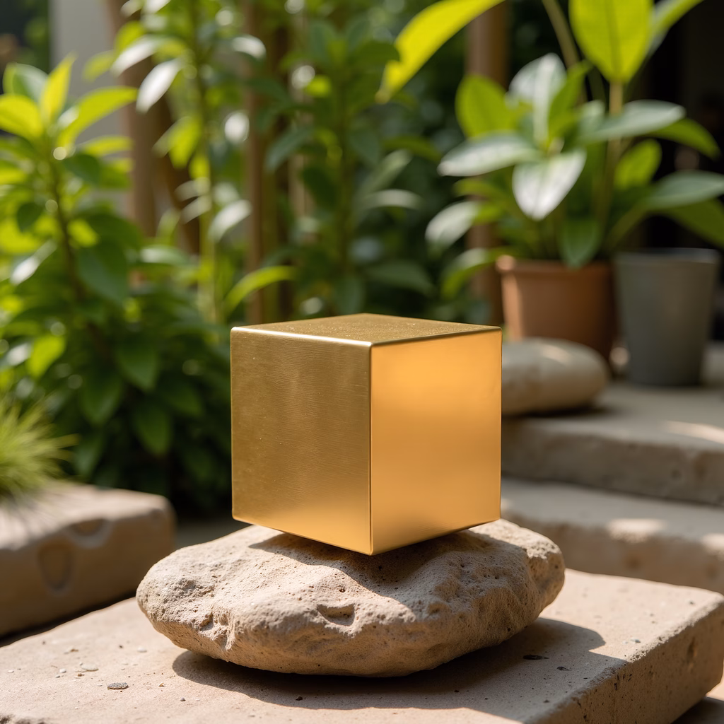 Golden cube on stone amidst lush greenery, capturing a tranquil moment.