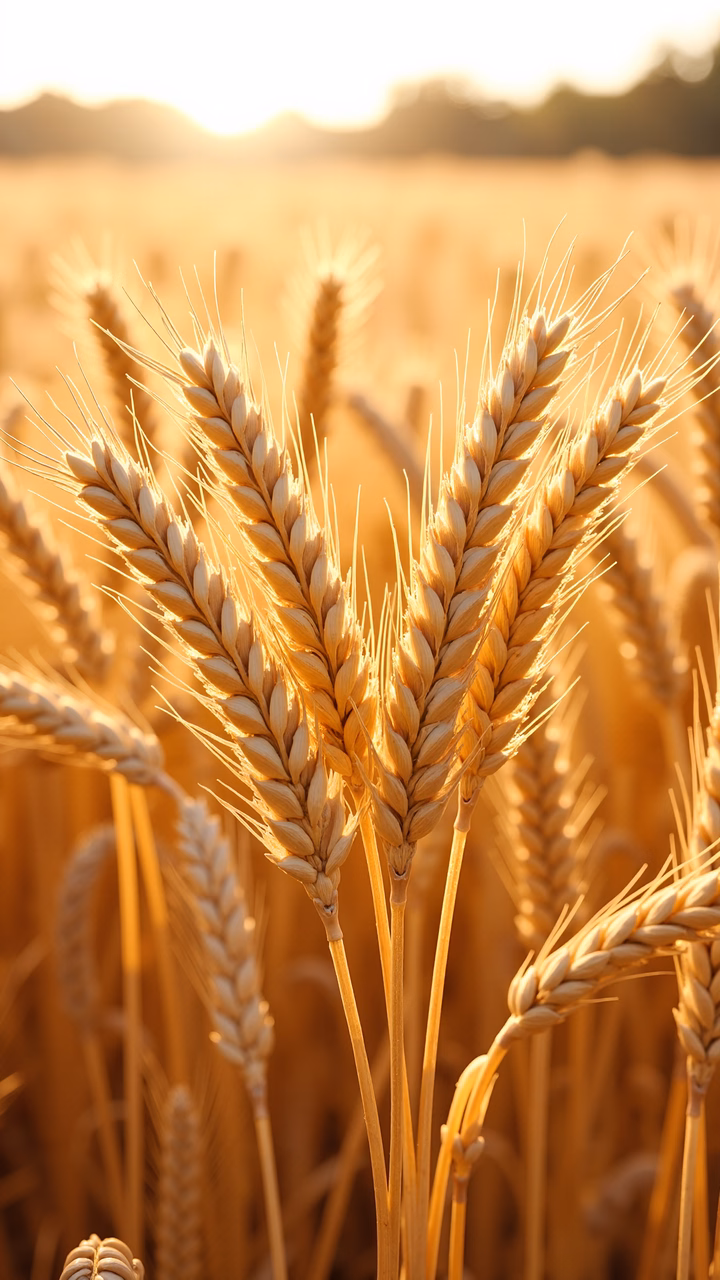 Close-up of golden wheat stalks under the warm light of sunset.