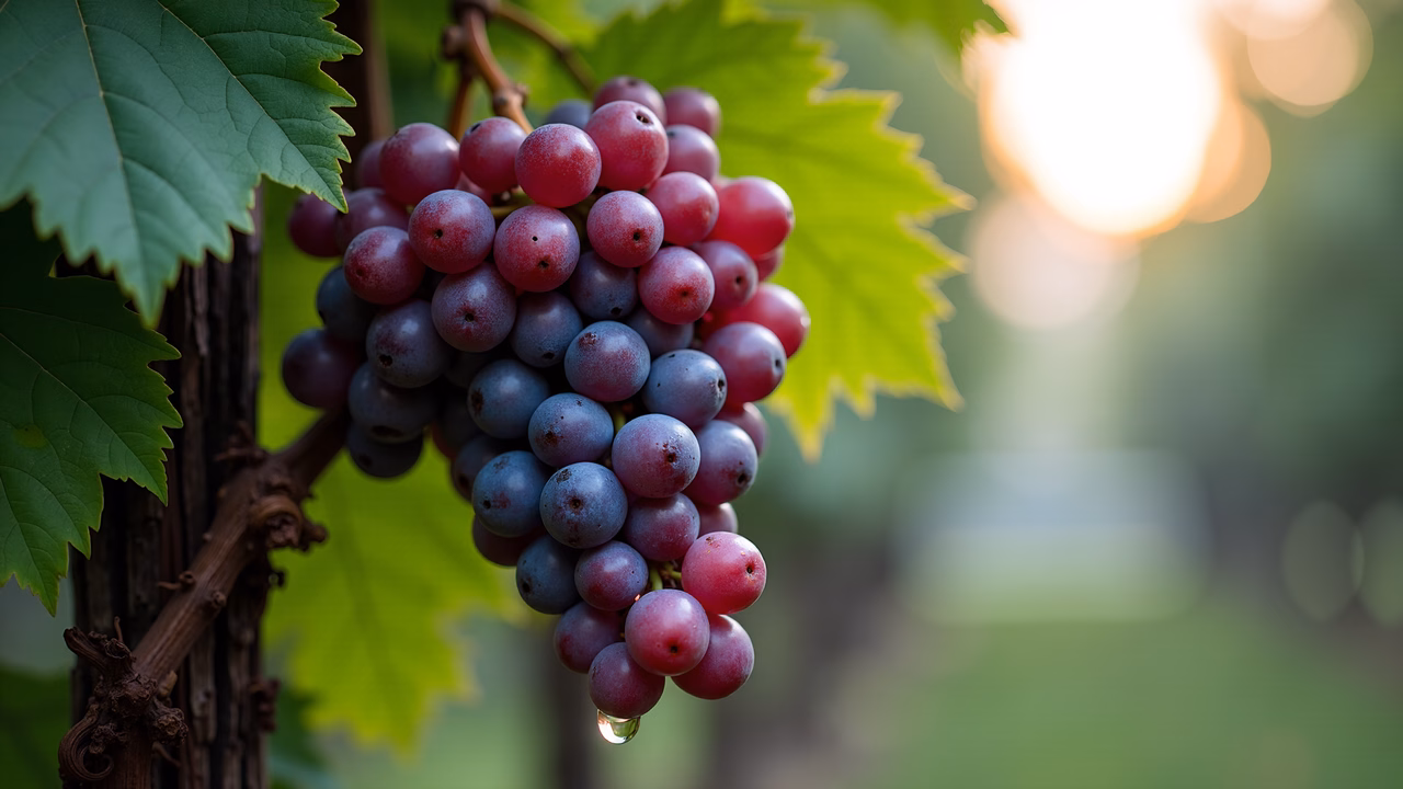 Close-up of ripe grapes illuminated by sunlight, showcasing vibrant colors and natural beauty.