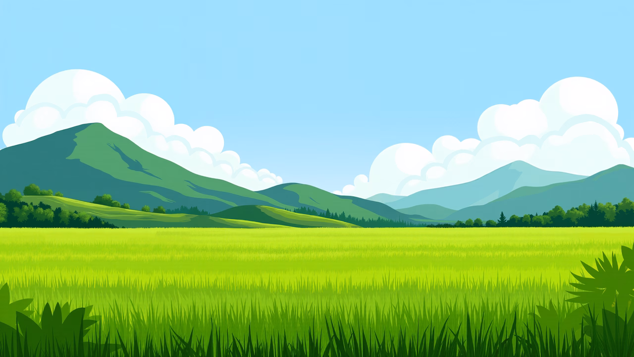 A peaceful pastoral landscape with rolling hills and lush green fields.
