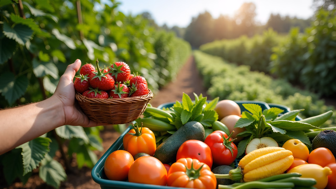 Fresh strawberries and vibrant vegetables under a golden sunset.