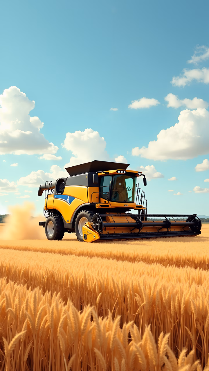 A combine harvester in action amidst a golden wheat field under a clear blue sky.