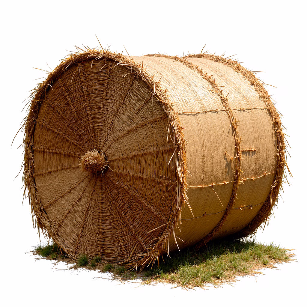 Detailed illustration of a rustic hay bale with earthy tones and twine wrapping.