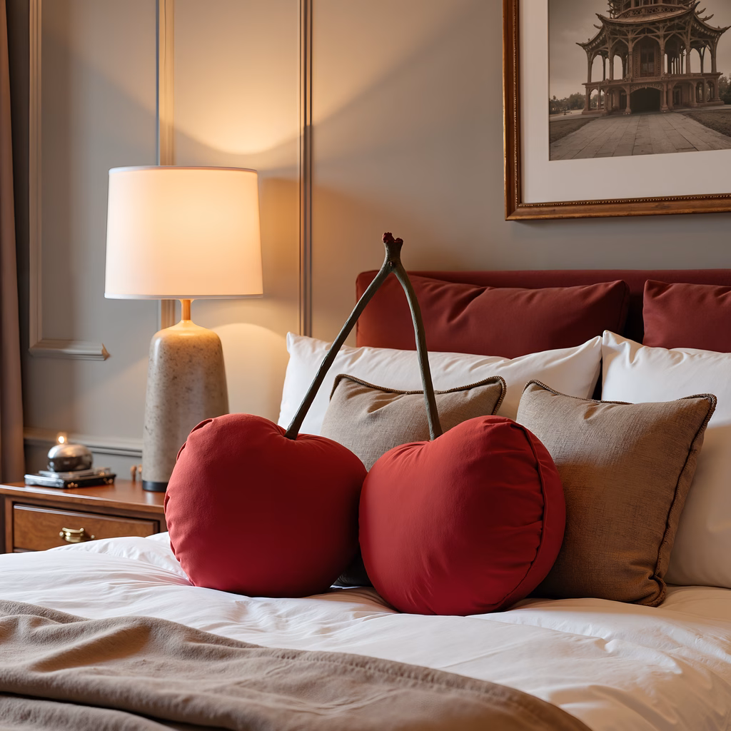 Heart-shaped pillows in a warmly lit bedroom with a sophisticated architectural photograph.