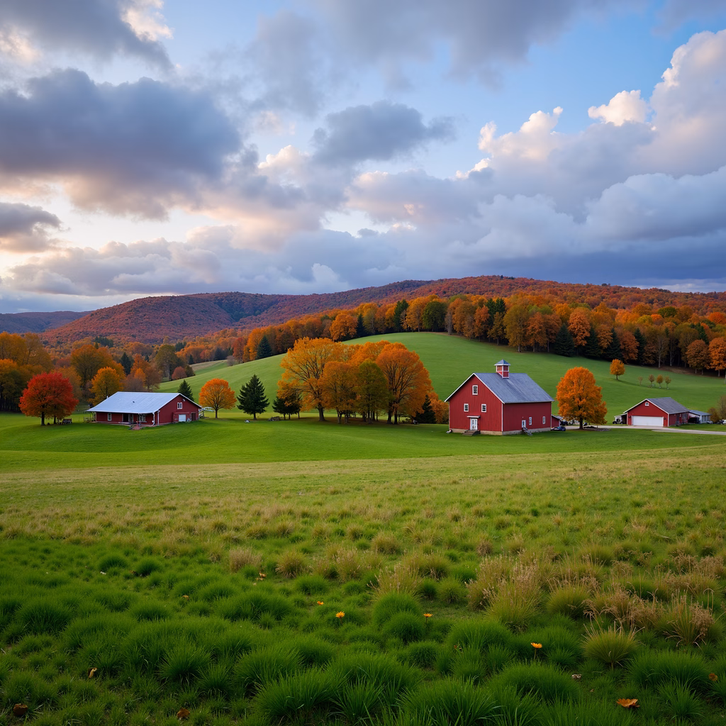 A picturesque farm setting with red barns and colorful autumn foliage.