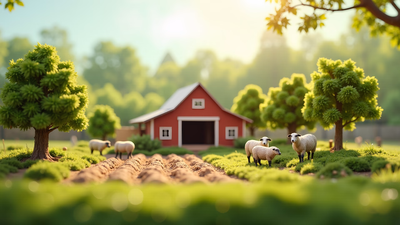 A peaceful farm scene with a red barn and grazing sheep, bathed in golden light.