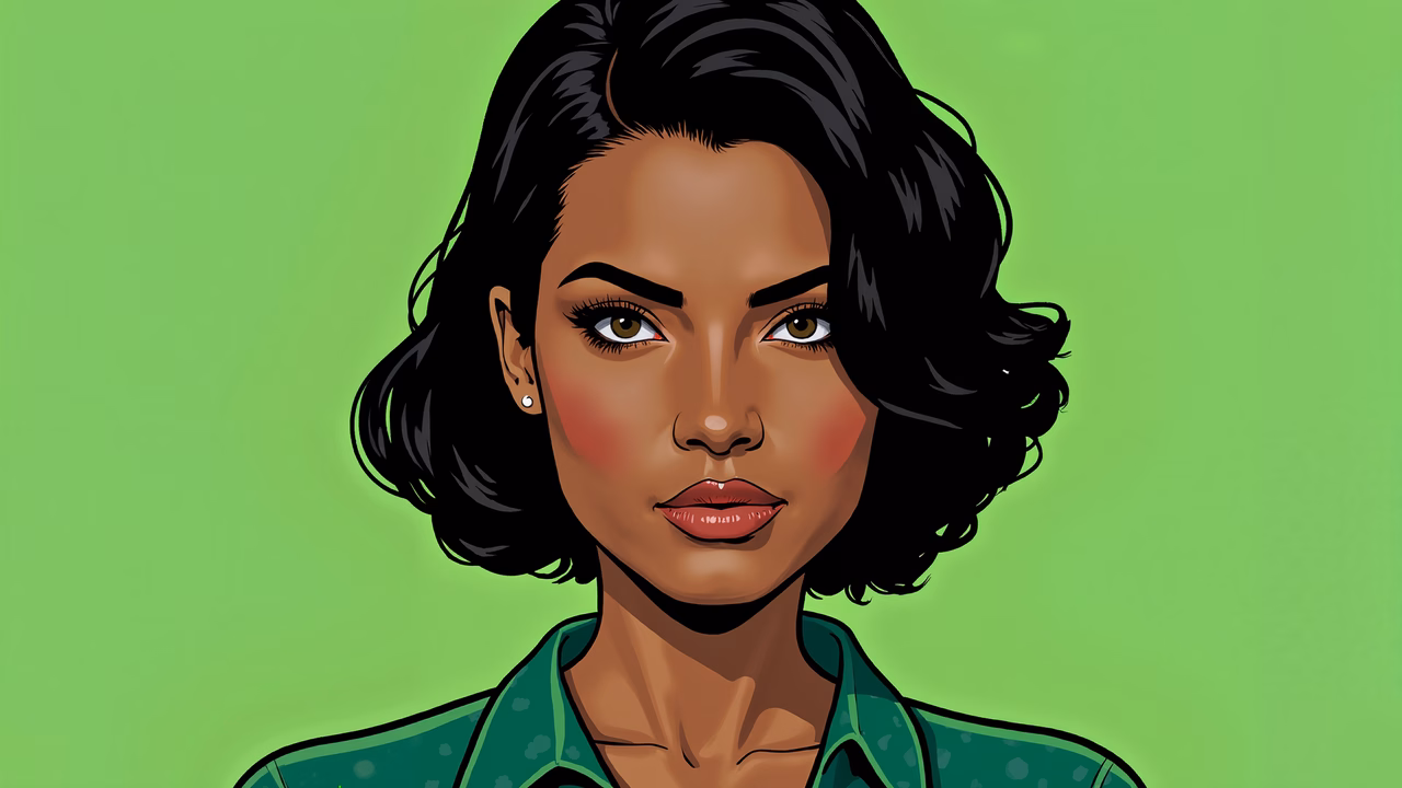 Detailed portrait of a woman with short black hair and green eyes, wearing a green shirt against a bright green background.