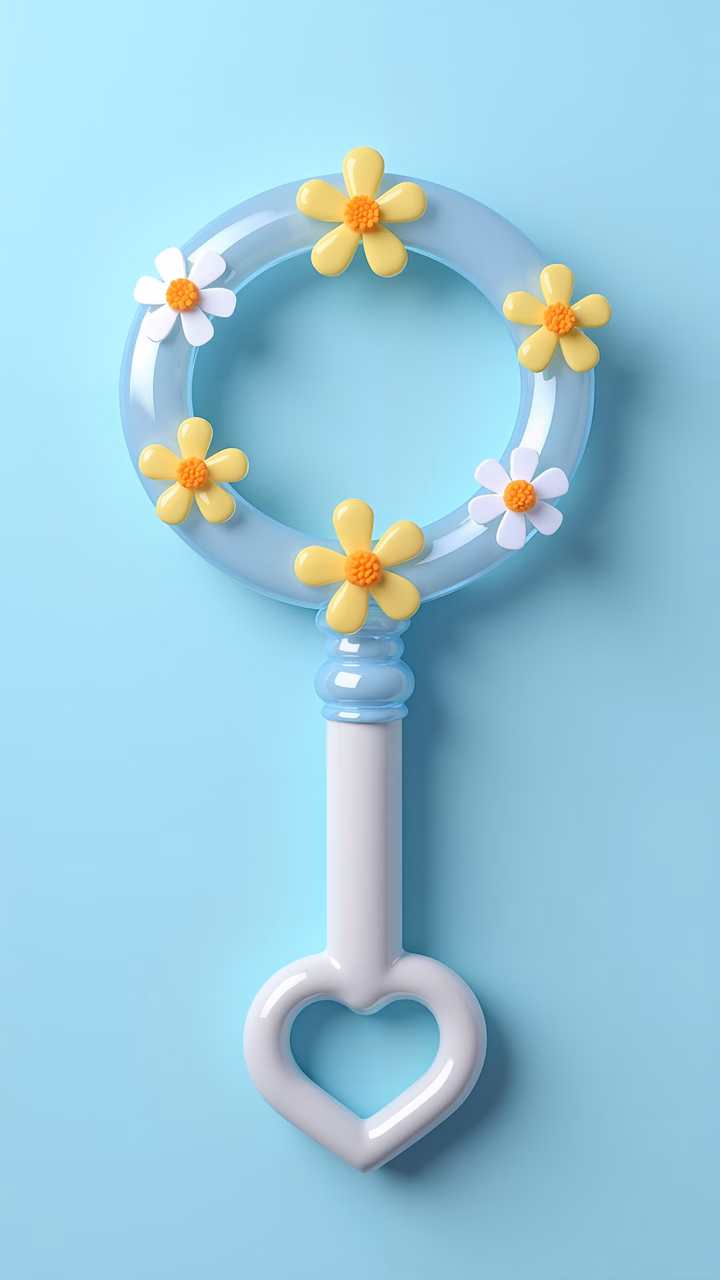 Whimsical key with flowers on a soft blue background.