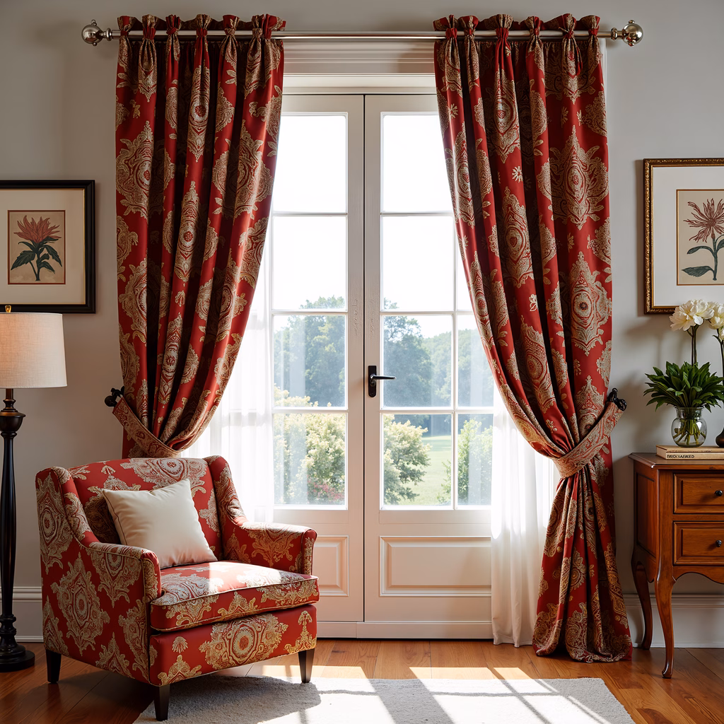 A luxurious red armchair with intricate gold patterns in a well-lit interior space.