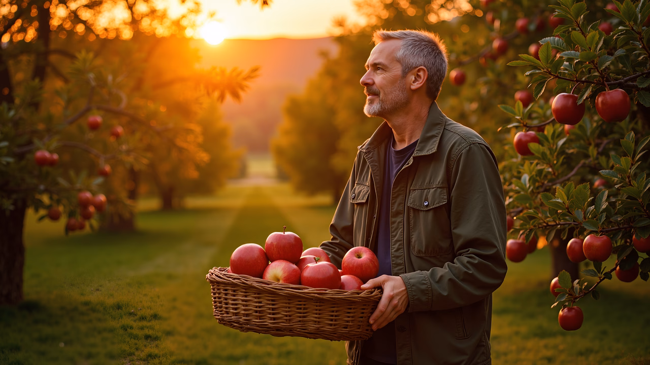 Man holding basket of apples in tranquil orchard at sunset.