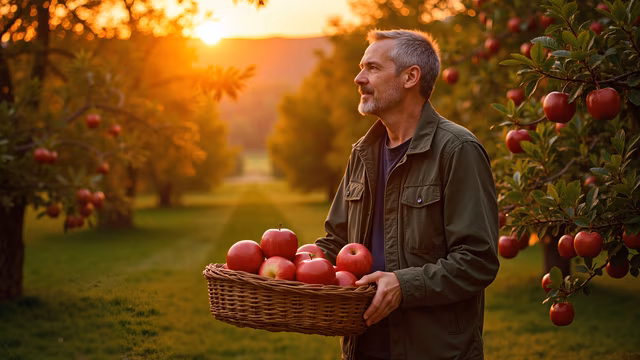 Man with Basket of Apples at Sunset