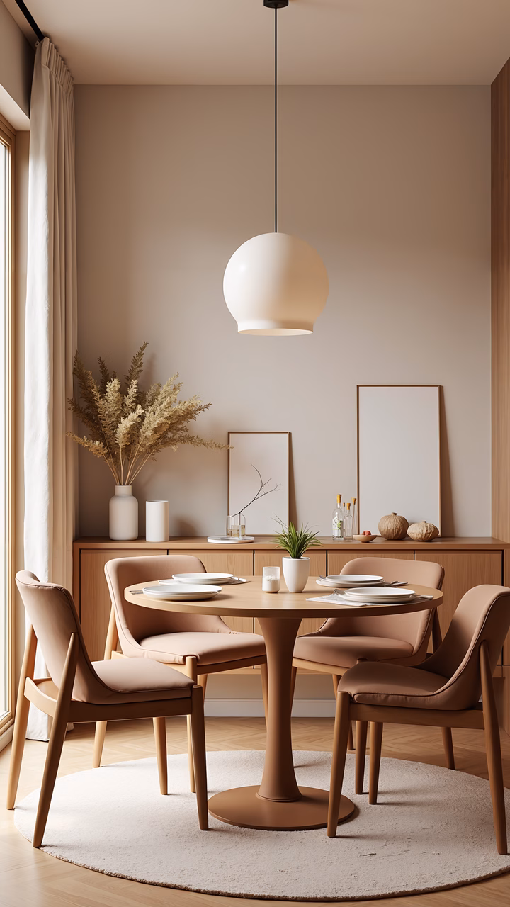 A cozy, minimalist dining room with neutral tones and modern design.