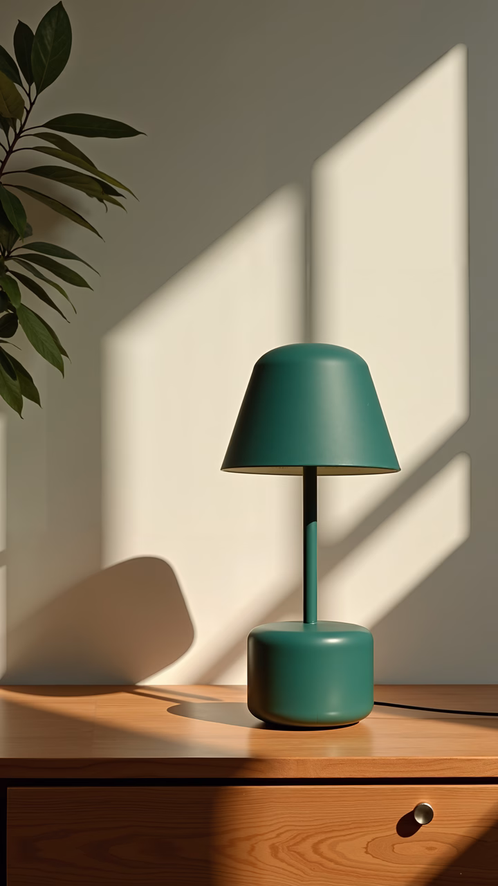 Sleek minimal lamp casting intricate shadows in a natural light setting.