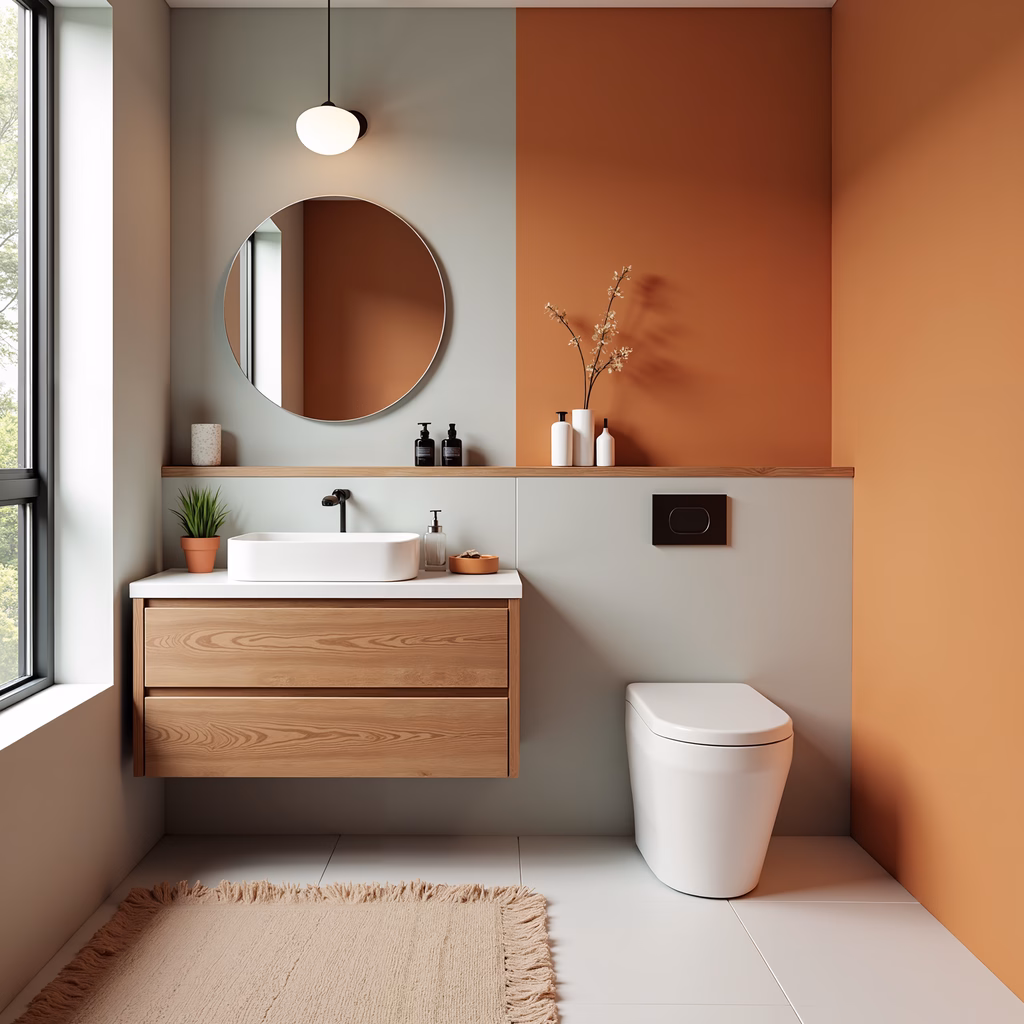 Modern bathroom with terracotta and gray tones, minimalist design, and natural wood accents.