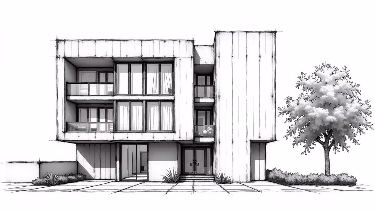 Modern building sketch with clean lines and geometric shapes.