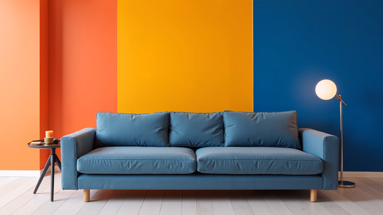 Bold color block wall, modern sofa, minimalist interior design, vibrant colors, cozy ambiance