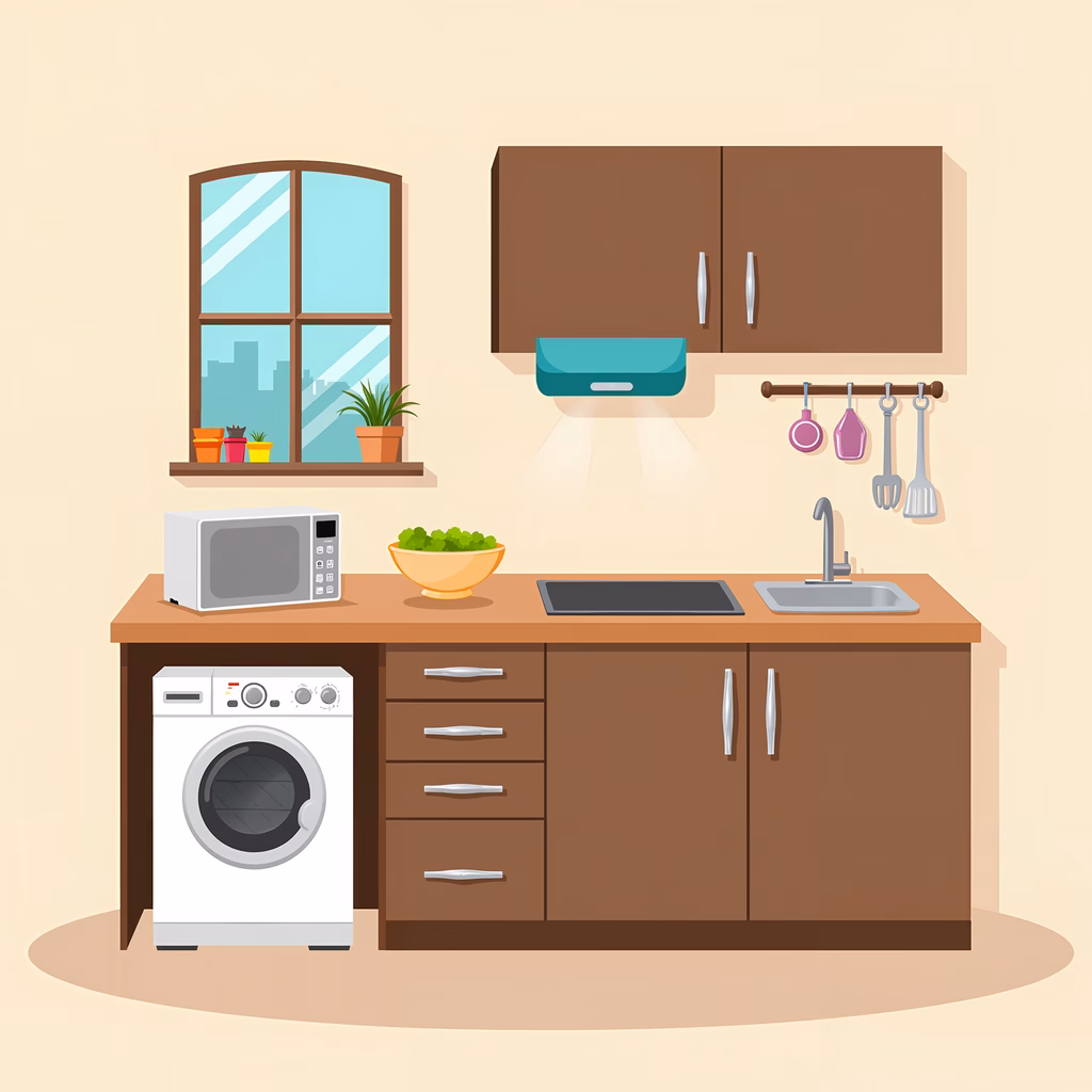 Modern, organized, kitchen, illustration, interior design, home, cooking, appliances, urban view, natural light, cheerful