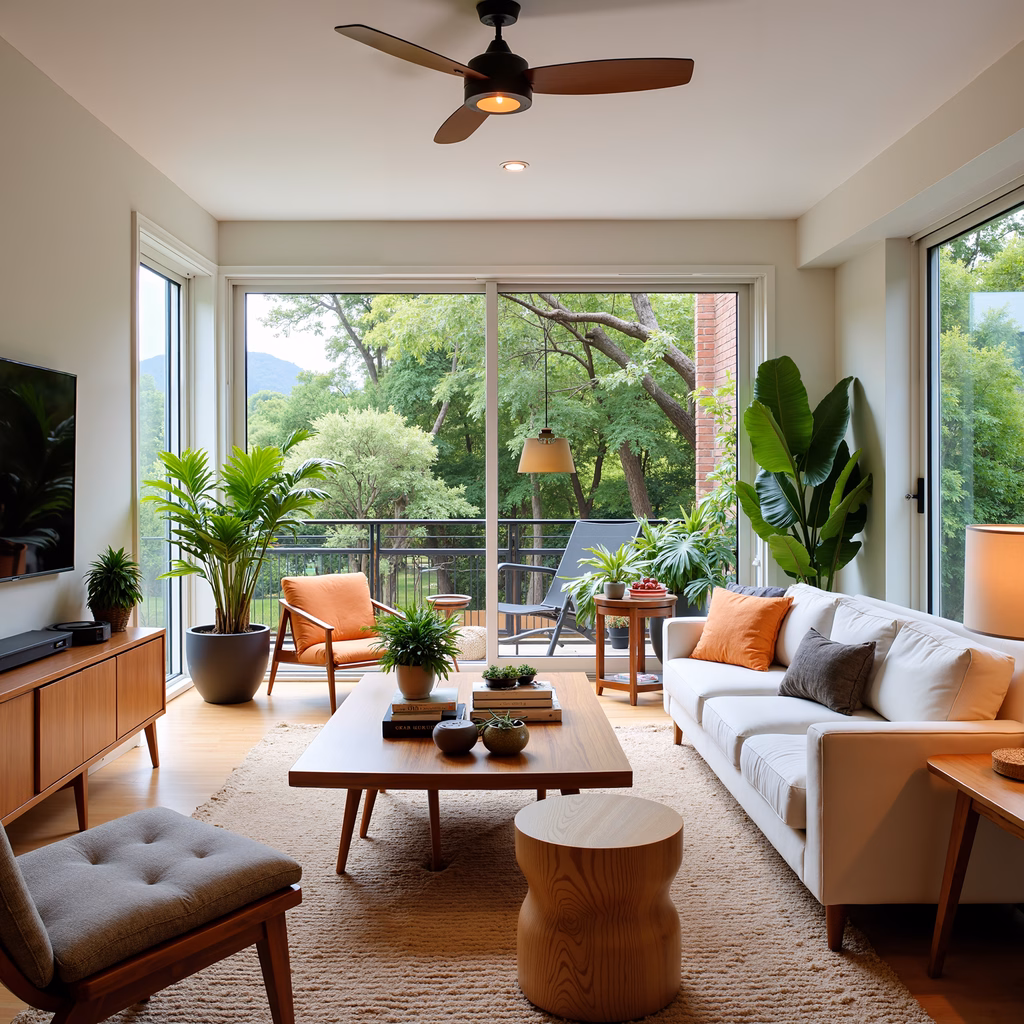 Modern living room with neutral tones, natural wood, and lush greenery.