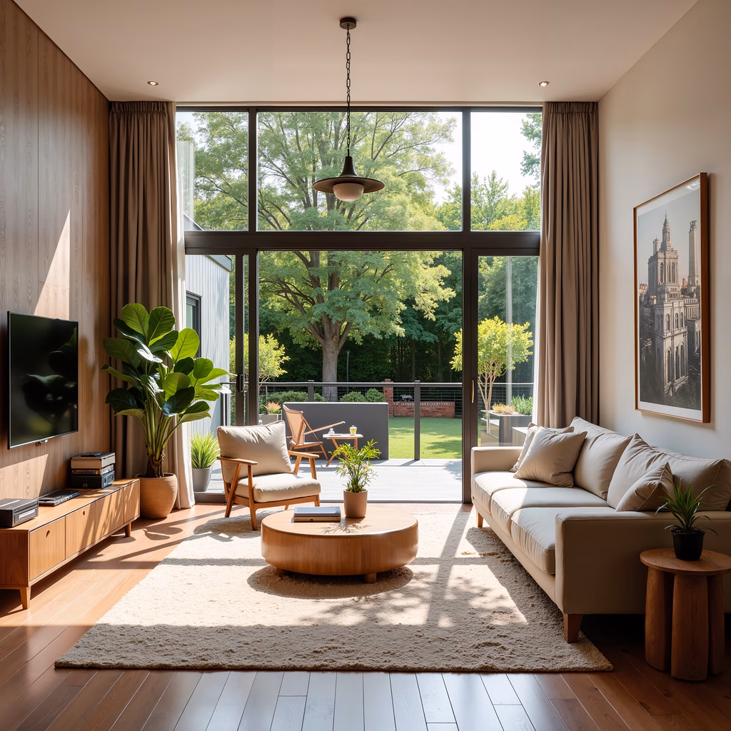 Modern living room with neutral tones and large windows, perfect for relaxation.