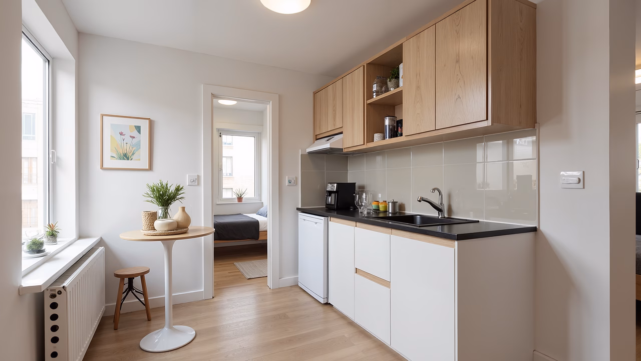 Bright, modern, minimalist kitchen with white cabinets and wooden accents.