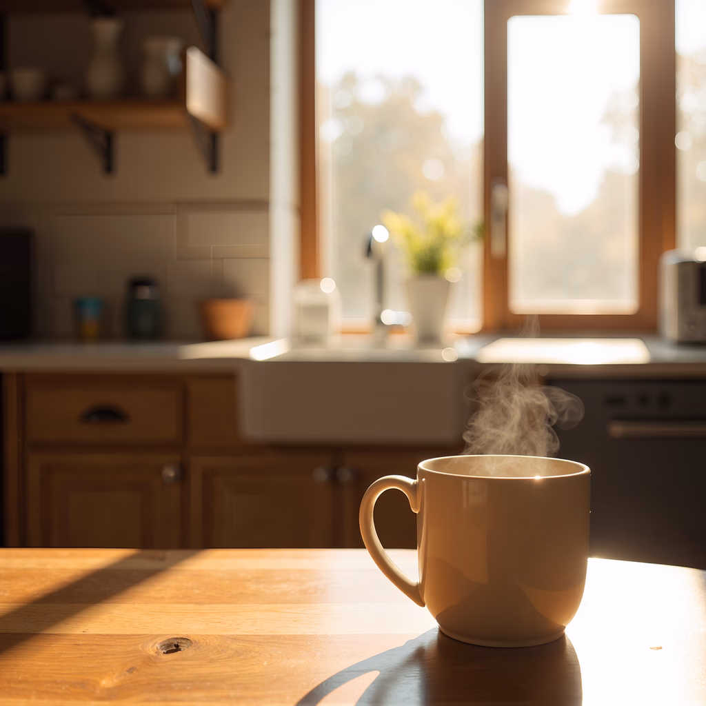 Warm morning coffee in a cozy kitchen setting.