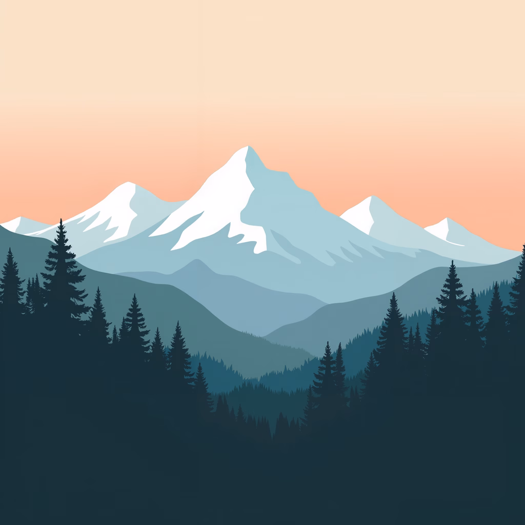 A tranquil mountain scene at sunset, featuring snow-capped peaks and evergreen trees.