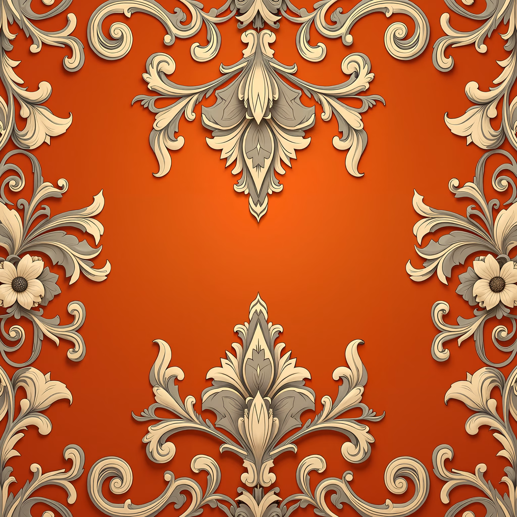 Elegant floral pattern with beige and gray tones on an orange background.
