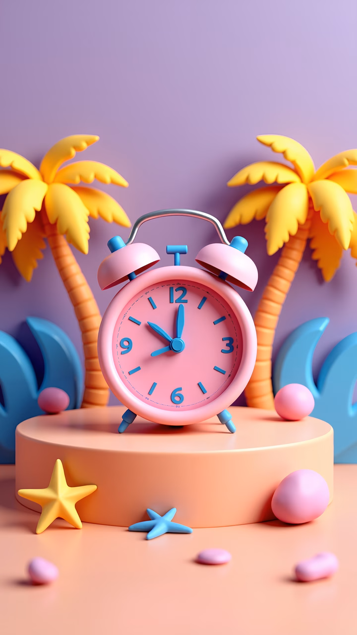 A cheerful pastel illustration featuring a pink alarm clock surrounded by playful elements.