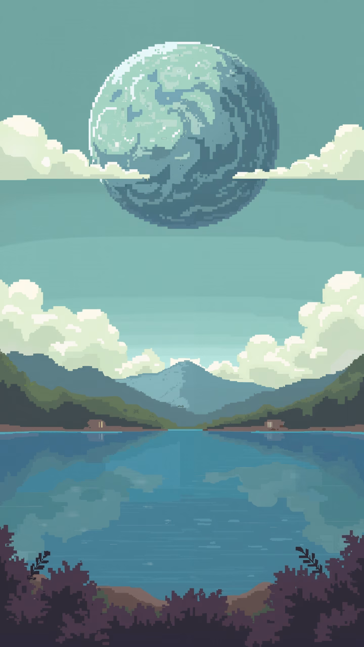 A tranquil pixelated landscape with a large moon and calm lake.