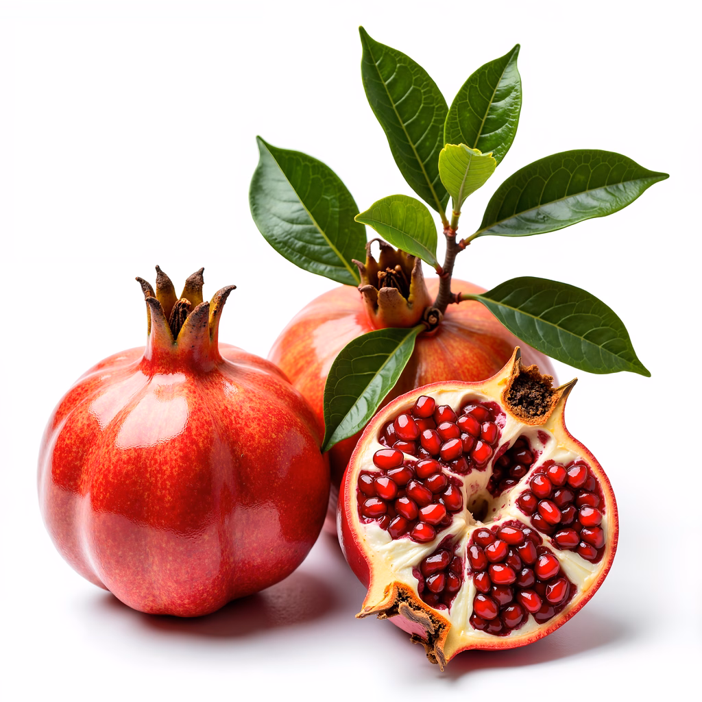 Vibrant red pomegranates with glossy texture and juicy seeds, emphasizing freshness and natural beauty.