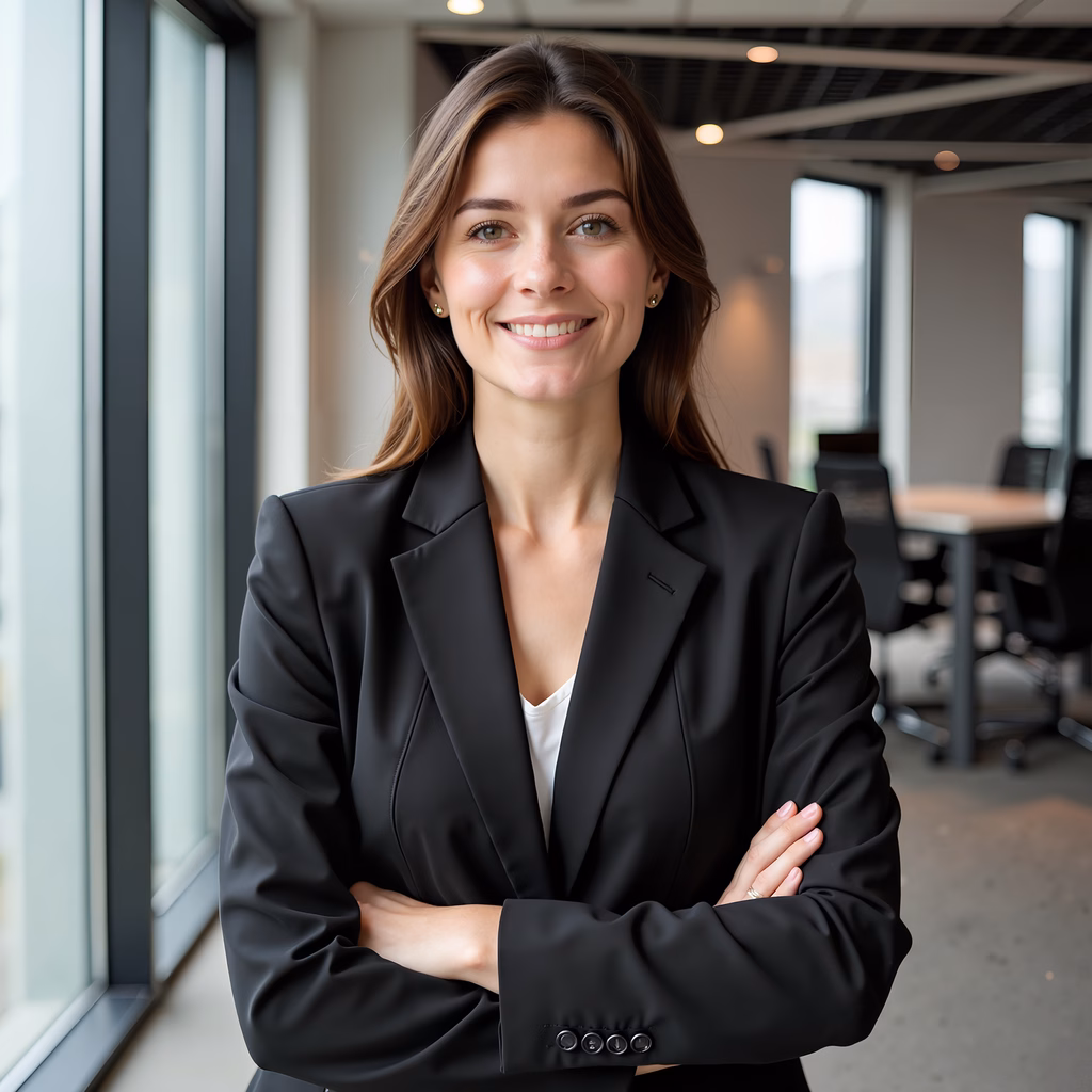 Confident businesswoman in a modern office setting, exuding professionalism and strength.