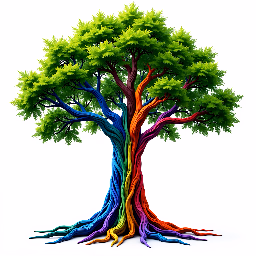 A colorful, rainbow-themed tree illustration.