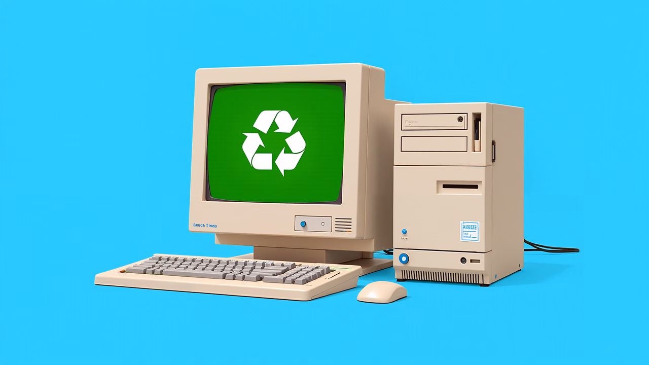 Retro computer setup with recycling symbol, nostalgic tech vibe.