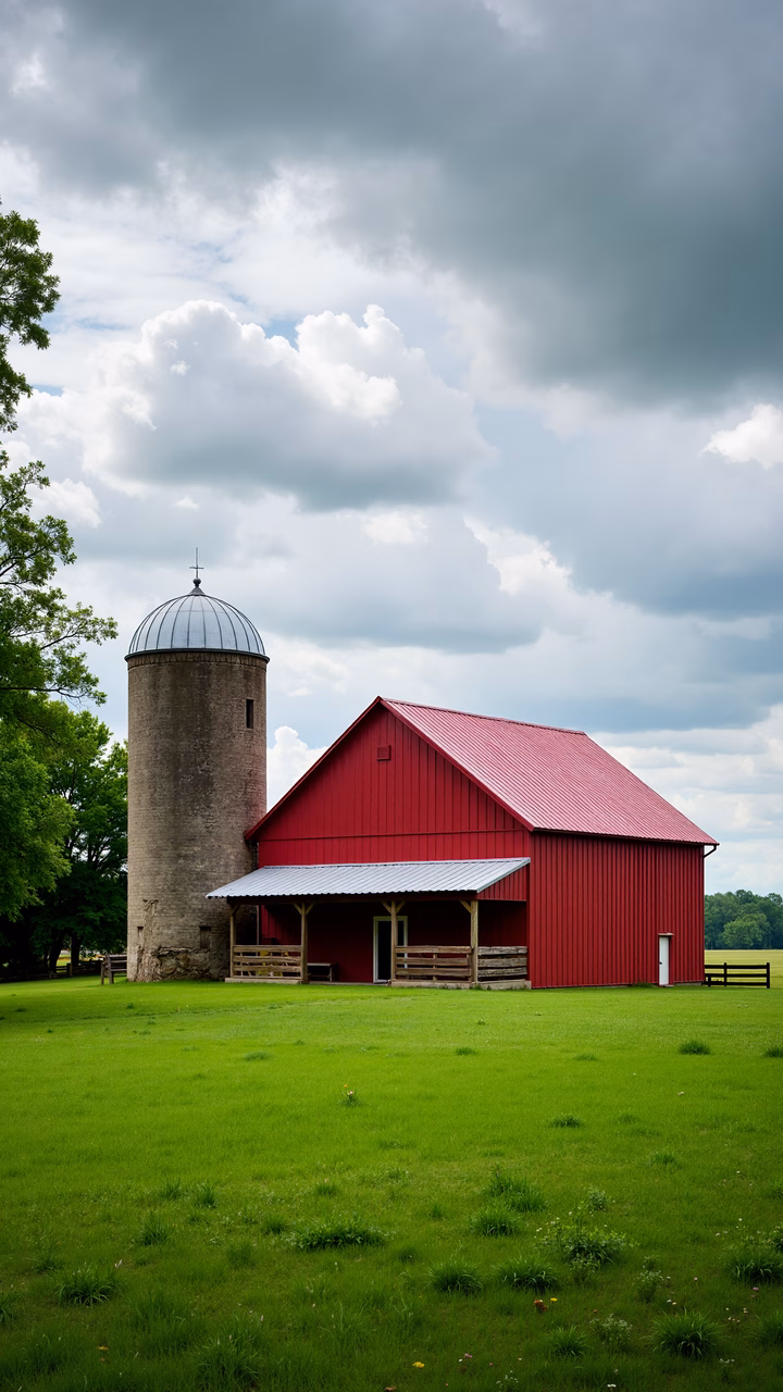 A striking red barn and silo set against a cloudy sky in a peaceful countryside.