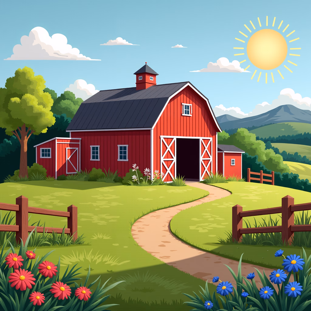 Bright red barn with white trim, surrounded by greenery and flowers under a sunny sky.