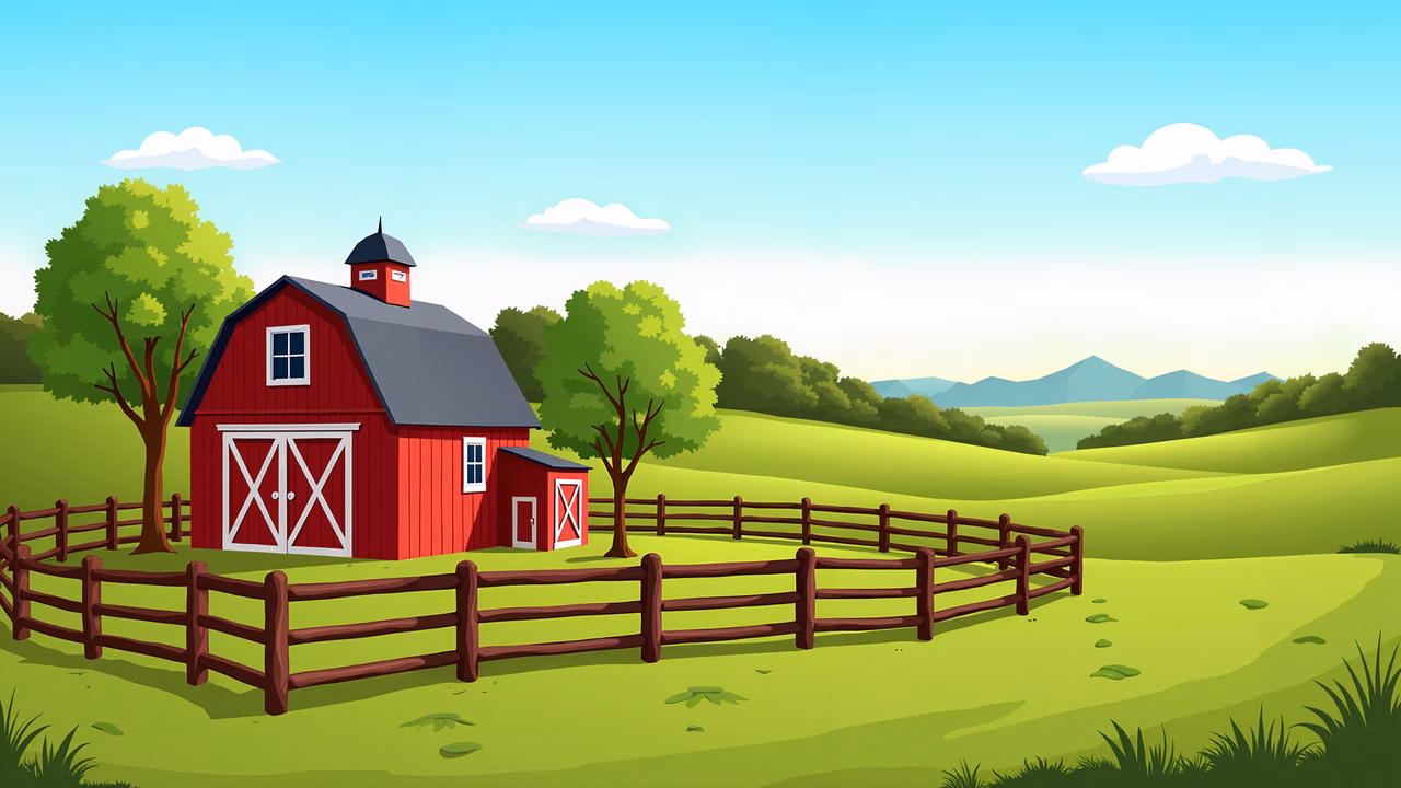 A charming red barn in a picturesque countryside setting.