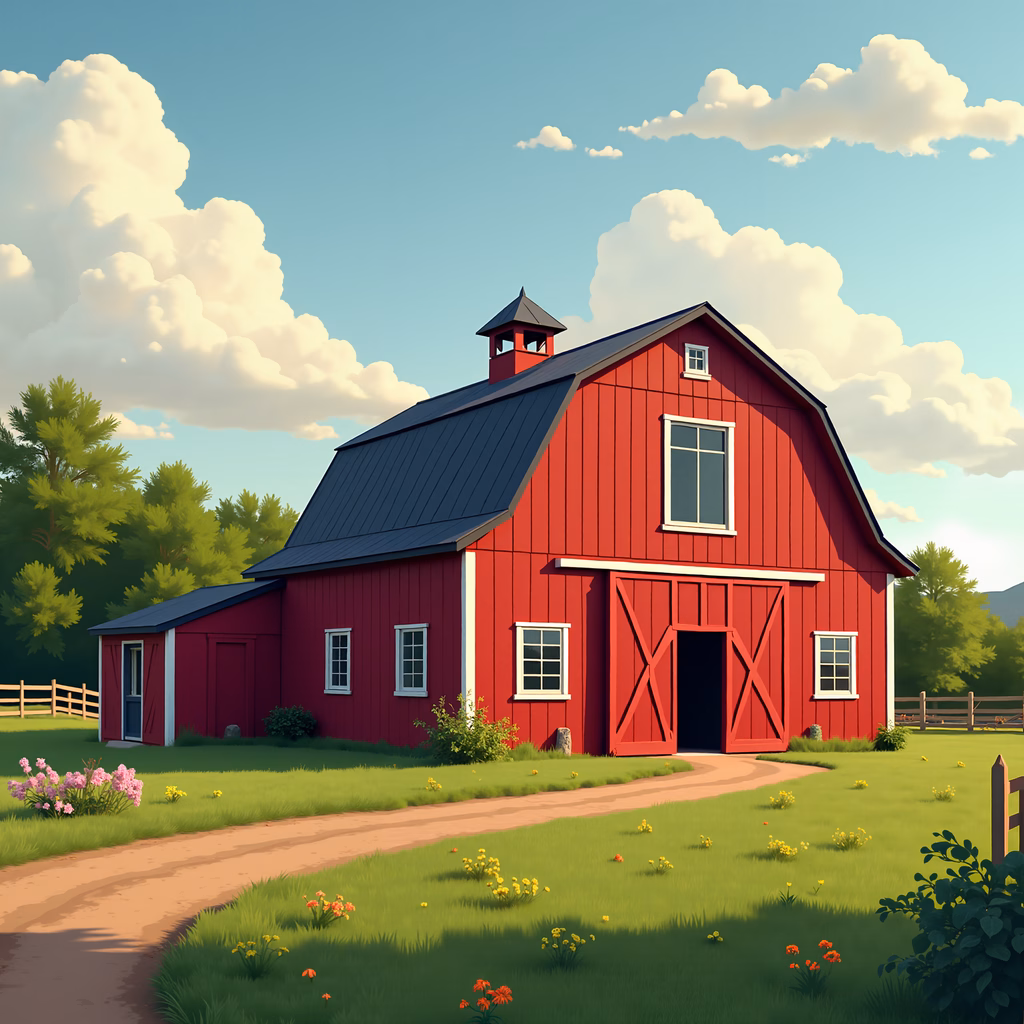 A picturesque red barn surrounded by nature, evoking a sense of tranquility and nostalgia.