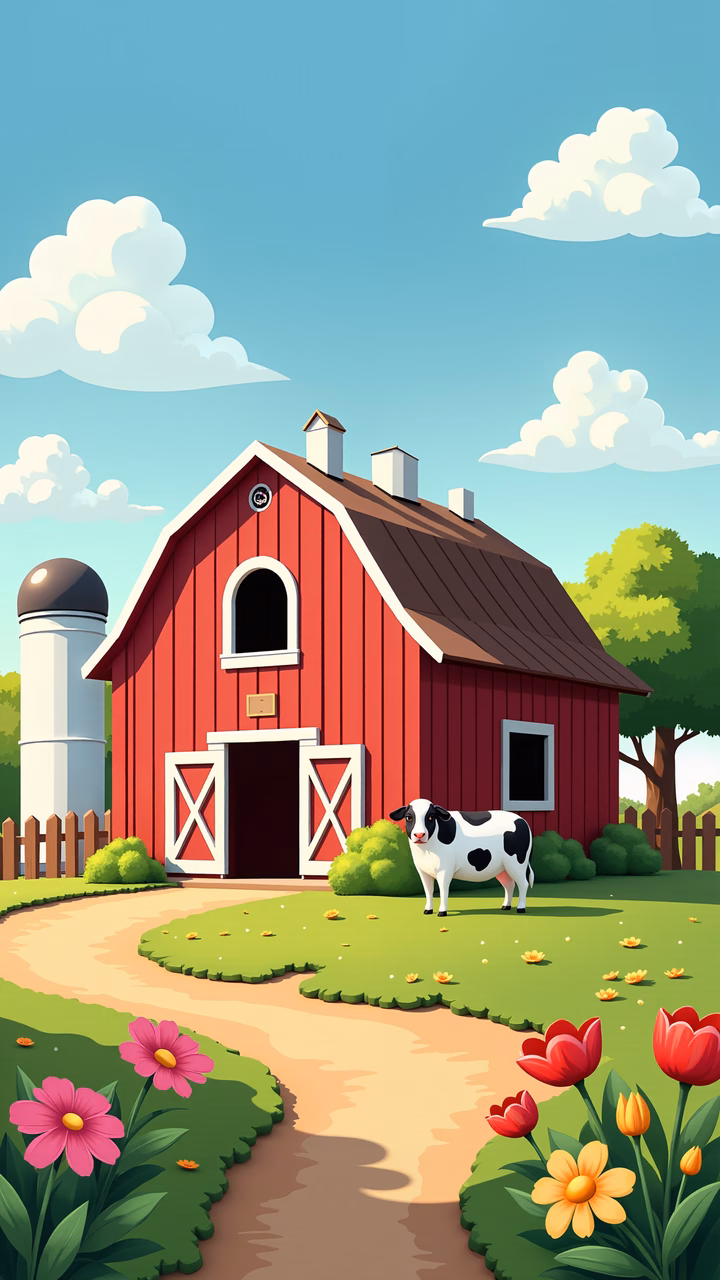 A cheerful red barn with a cow in a flower-filled field under a sunny sky.