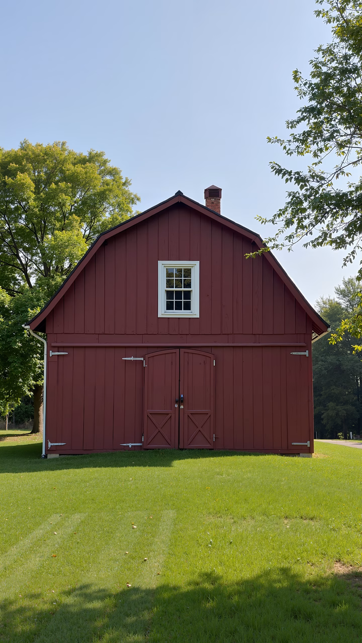 A striking red barn amidst serene countryside.