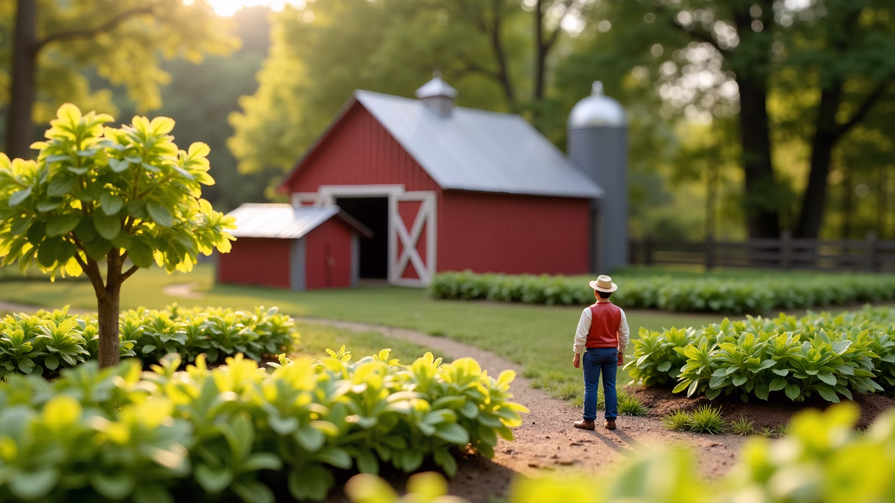 Miniature figure overlooking a picturesque red barn in a serene countryside setting.