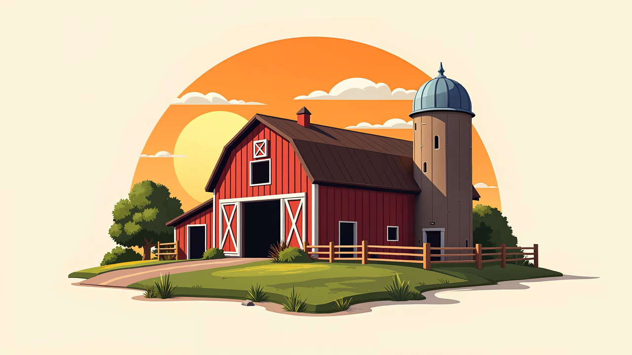 A charming red barn at sunset, capturing the essence of rural tranquility.